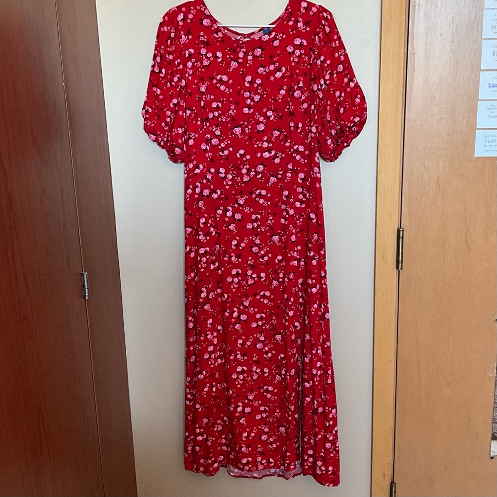 Old Navy | Red and Pink Puff-Sleeve Floral Maxi Shift Dress | Size Large
